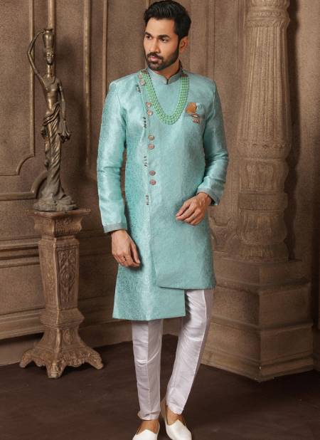 Sea Blue Colour Jacquard Silk Digital Print Wedding Wear Indo Western Mens Collection 9236